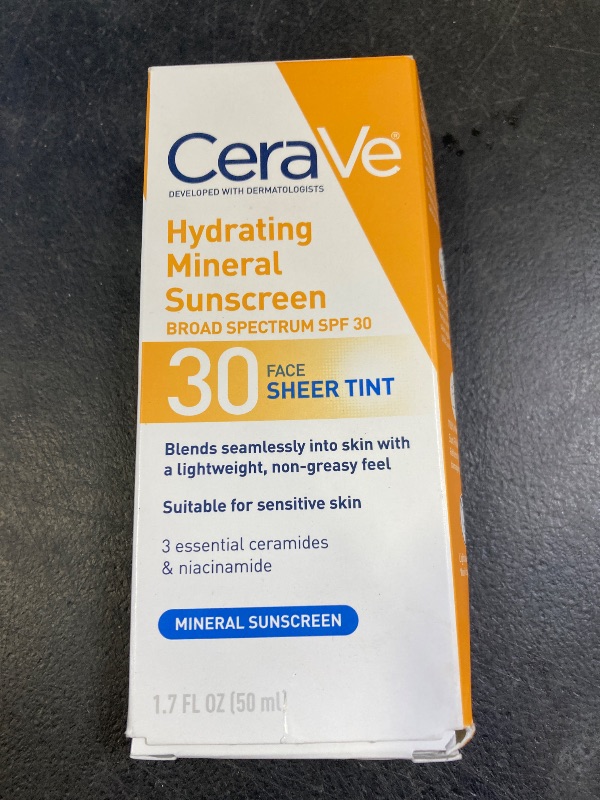 Photo 1 of CeraVe Hydrating Mineral Sunscreen SPF 30 with Sheer Tint, Tinted Mineral Sunscreen with Zinc Oxide & Titanium Dioxide, Blends Seamlessly For Healthy Glow, Medium, 1.7 Fluid Ounce