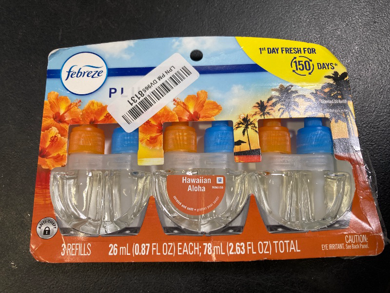 Photo 1 of Febreze Plug In Air Freshener, Odor-Fighting Scented Oil Refill, Air Fresheners for Home and Bathroom and Kitchen, Long Lasting for Strong Odors, Hawaiian Aloha Scent, 0.87oz Refills, 3 Count