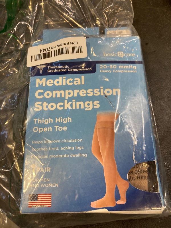 Photo 1 of Amazon Basic Care Medical Compression Stockings, 20-30 mmHg Support, Women & Men Thigh Length Hose, Open Toe, Beige, Small (Previously NuVein)