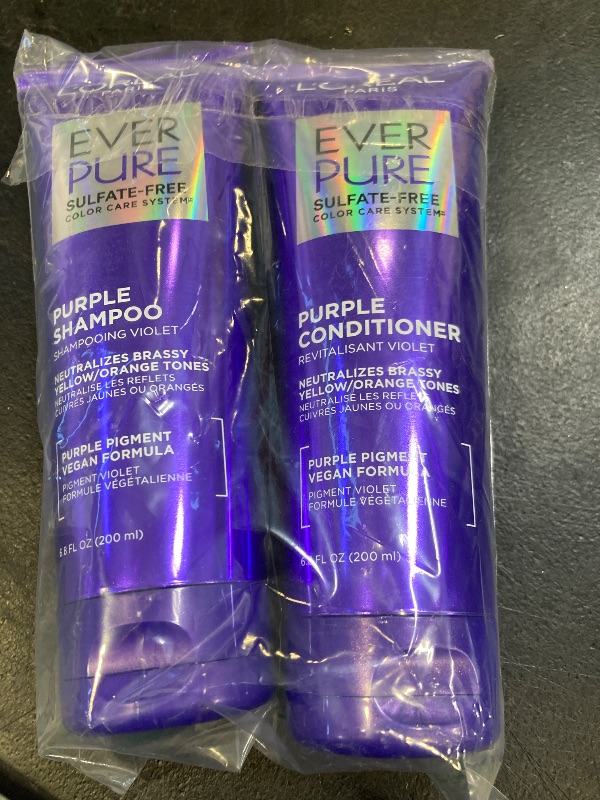 Photo 1 of L’Oreal Paris EverPure Sulfate Free Brass Toning Purple Shampoo and Conditioner Set for Blonde, Bleached, Silver, or Brown Highlighted Hair, 1 Kit