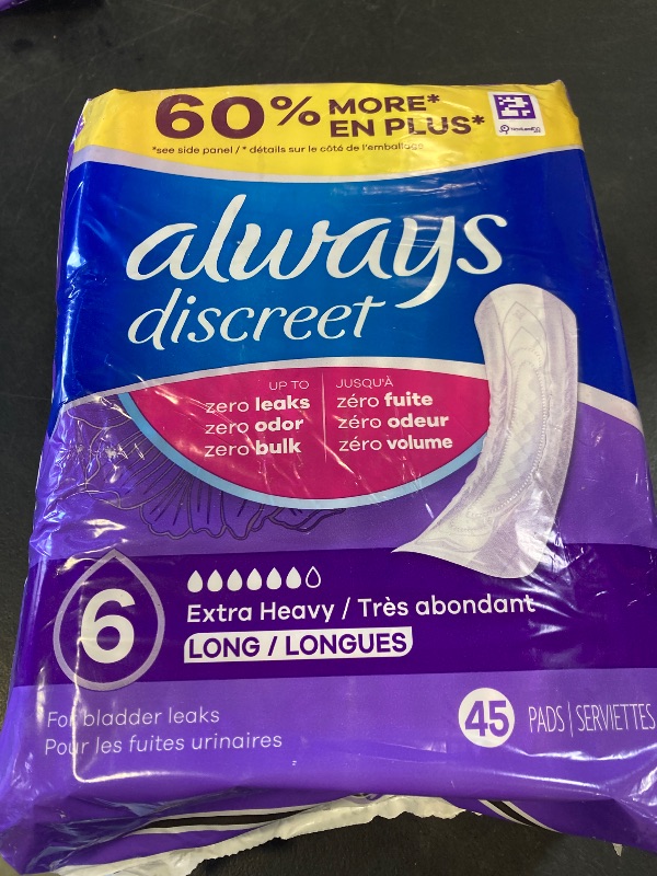 Photo 1 of Always Discreet Adult Incontinence Pads for Women, Extra Heavy Absorbency, Long Length, Postpartum Pads, 45 Count (Packaging May Vary)