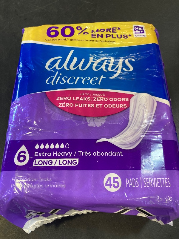 Photo 1 of Always Discreet Adult Incontinence Pads for Women, Extra Heavy Absorbency, Long Length, Postpartum Pads, 45 Count (Packaging May Vary)