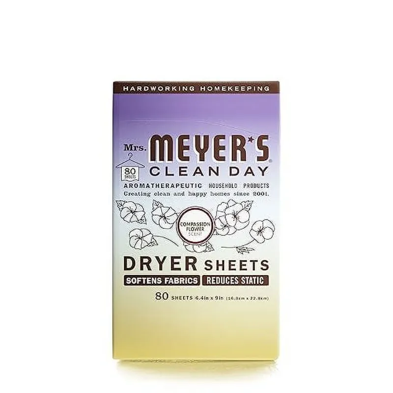 Photo 1 of MRS. MEYER'S CLEAN DAY Dryer Sheets, Fabric Softener, Reduces Static, Infused with Essential Oils, Compassion Flower, 80 Count