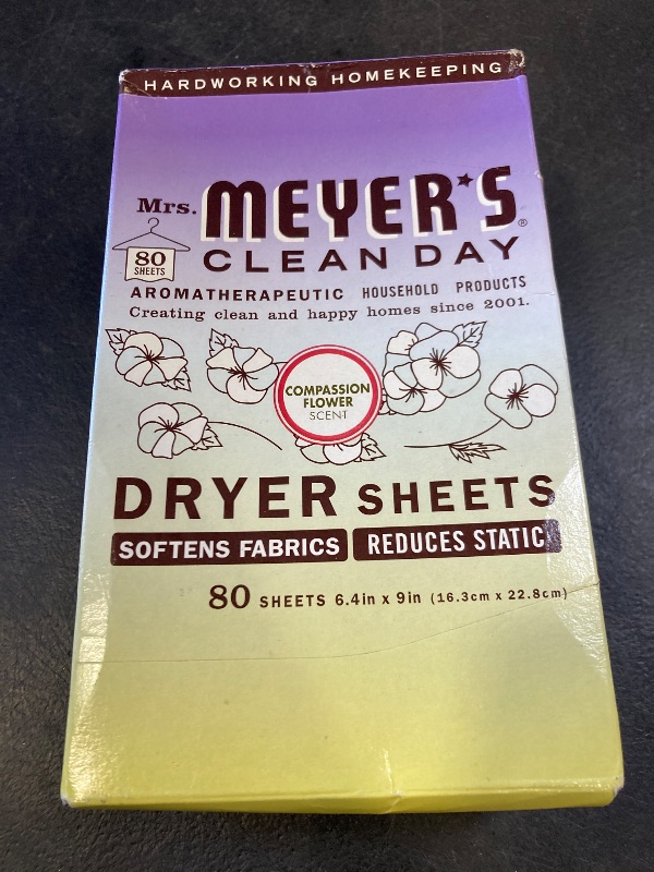 Photo 1 of MRS. MEYER'S CLEAN DAY Dryer Sheets, Fabric Softener, Reduces Static, Infused with Essential Oils, Compassion Flower, 80 Count
