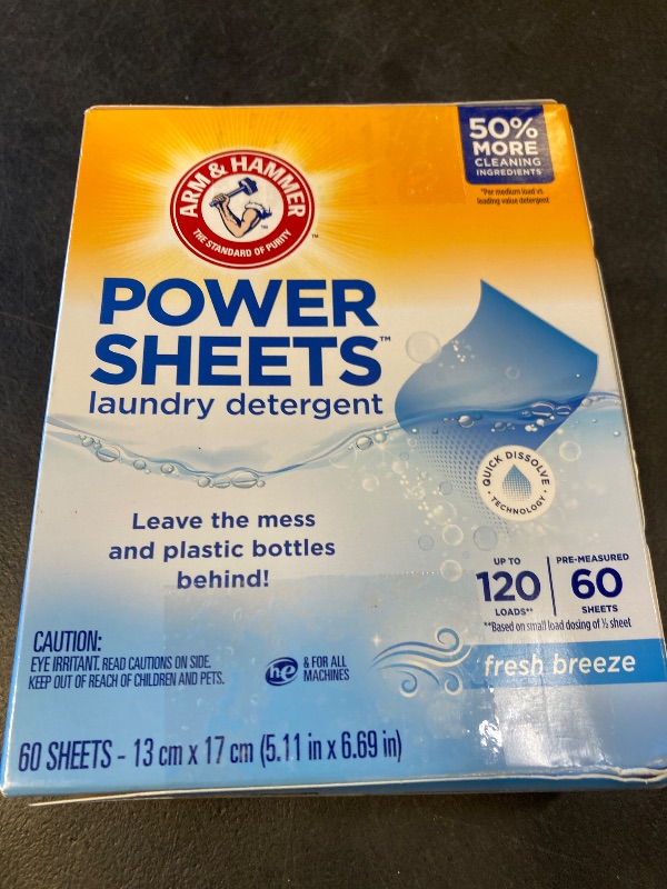 Photo 1 of ARM & HAMMER Power Sheets Laundry Detergent, Fresh Breeze 60 ct, up to 120 small loads