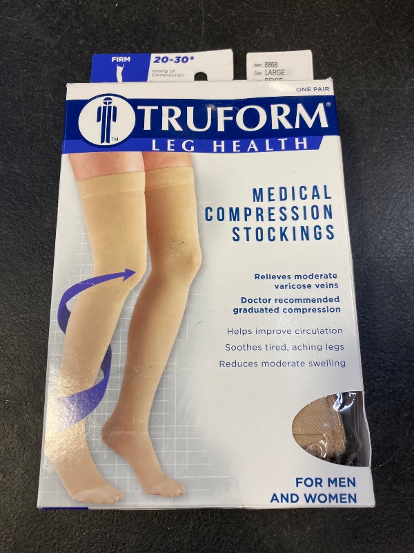 Photo 1 of Truform 20-30 mmHg Compression Stockings for Men and Women, Thigh High Length, Dot Top, Closed Toe, Beige, Large