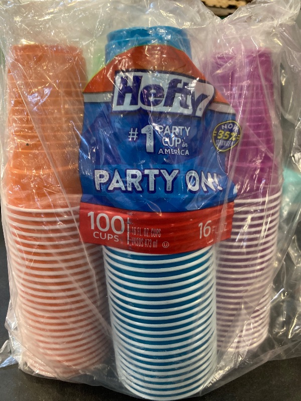Photo 1 of Hefty Party On Disposable Plastic Cups, Assorted, 16 Ounce, 100 Count