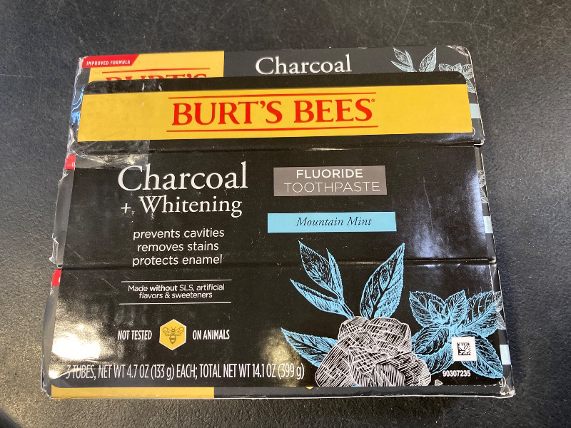 Photo 1 of Burt's Bees Toothpaste, Natural Flavor, Charcoal with Fluoride Toothpaste, Mountain Mint, 3 x 4.7oz