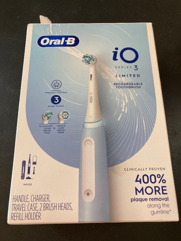 Photo 1 of Oral-B iO Deep Clean Rechargeable Electric Powered Toothbrush, Icy Blue with iO Series 3 Limited, 2 Brush Heads and Travel Case - Pressure Sensor to Protect Gums - 3 Cleaning Settings - 2 Minute Timer