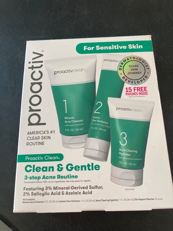 Photo 1 of Proactiv Clean 3 Step Acne Routine w/ Pimple Patches- Sulfur Acne Treatment Cleanser, Azelaic Acid Serum, and Facial Moisturizer for Sensitive, Acne-Prone Skin- 30 Day Acne Kit with Pimple Patches