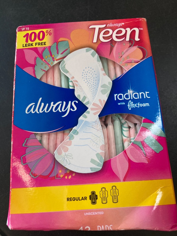 Photo 1 of Always Radiant Teen Feminine Pads with Flex Foam, Size 1, Regular, with Wings, Unscented, 42 CT