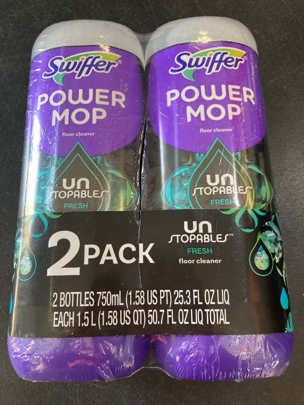 Photo 1 of Swiffer Power Mop Floor Cleaning Solution with Unstopables Fresh Scent, Power Mop Refills, Floor Cleaner for Mopping, 25.3 fl oz, 2 Pack