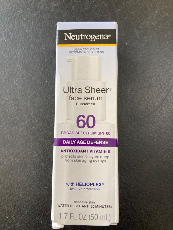 Photo 1 of Neutrogena Ultra Sheer Moisturizing Face Serum with Vitamin E & SPF 60, All Day Facial Sunscreen Serum with Broad Spectrum UVA/UVB Protection, Fragrance-Free, Oxybenzone-Free, 1.7 Fl Oz