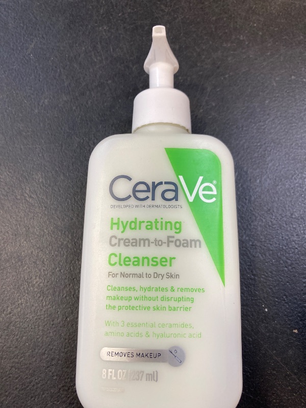 Photo 1 of CeraVe Hydrating Cream To Foam Cleanser, Makeup Remover Face Wash For Dry Skin, Foaming Facial Cleanser With Hyaluronic Acid, Normal To Dry Skin, Fragrance Free & Non Comedogenic, 8 Fluid Ounces