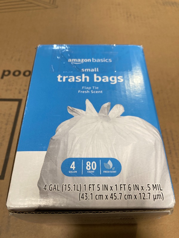 Photo 1 of Amazon Basics 4 Gallon Trash Bags, Flap Ties, Fresh Scent, 80 Count, Pack of 1