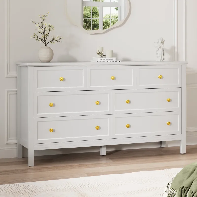 Photo 1 of White Dresser for Bedroom, 7 Drawer Dresser with Wide Drawers and Metal Handles, Wood Dressers & Chests of Drawers for Hallway, Entryway.