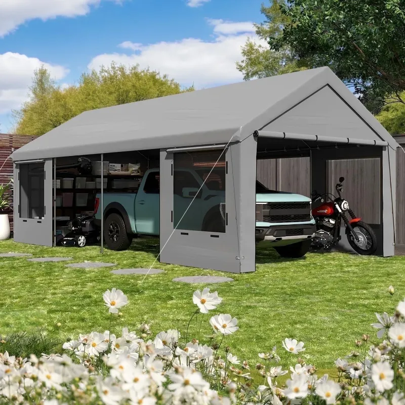 Photo 1 of Erommy 13' x 20' Heavy Duty Portable Outdoor Garage Carport with Roll-up Windows, Side Doors and Removable Sidewalls for Car, Gray