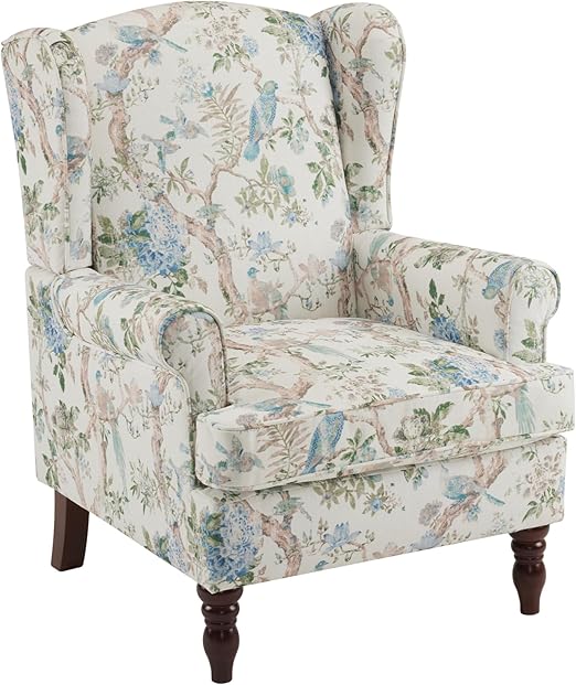 Photo 1 of MELLCOM Floral Accent Chair, High Back Upholstered Armchair with Solid Legs, Leisure Single Sofa Chair for Living Room, Bedroom, Home Office, Light Blue Floral & Bird