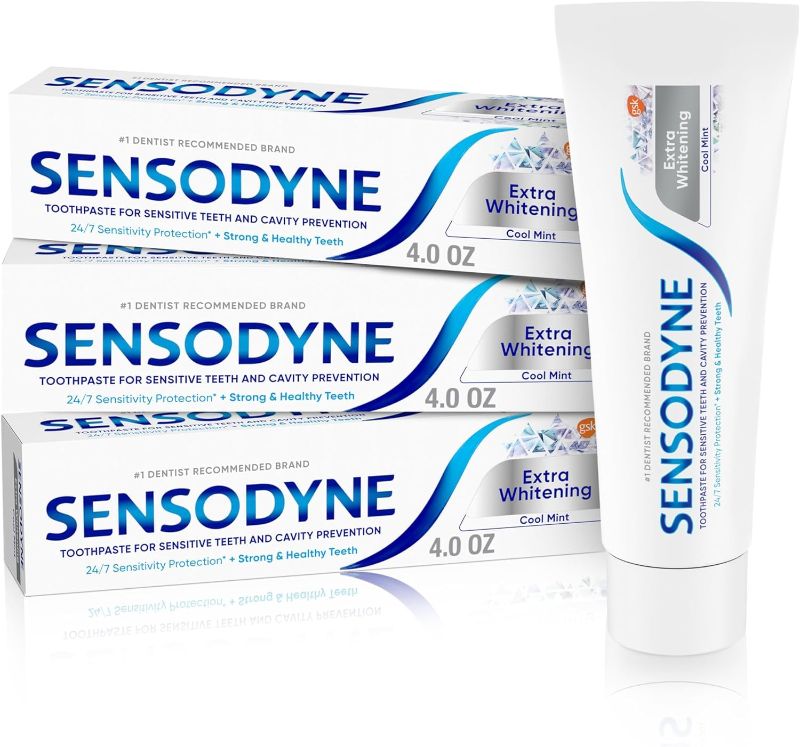Photo 1 of Sensodyne Extra Whitening Sensitive Teeth and Cavity Prevention Whitening Toothpaste, Amazon Exclusive, Cool Mint, Amazon Exclusive- 4 Ounces (Pack of 3)