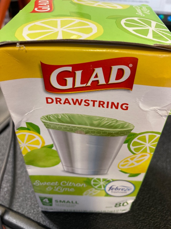 Photo 1 of Glad Odorshield Small Drawstring Trash Bags, 4 Gal, Sweet Citron and Lime, 80 Ct, Pack May Vary
