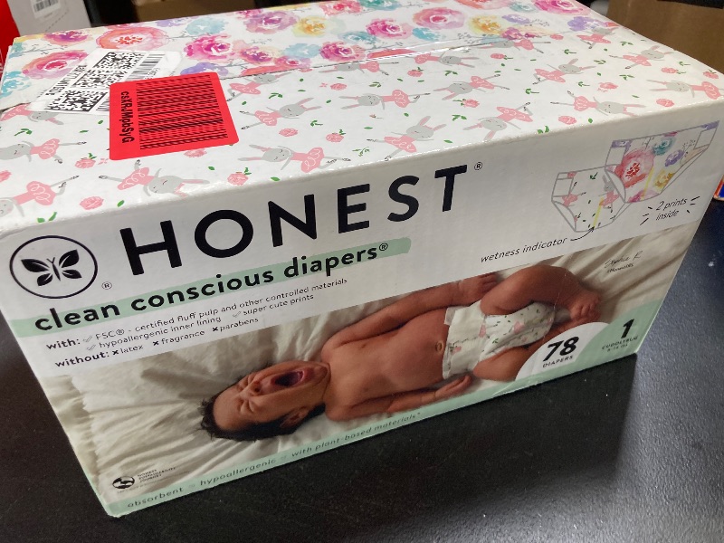 Photo 1 of The Honest Company Clean Conscious Diapers for Sensitive Skin | Hypoallergenic, Fragrance Free | Girl Prints | Club Box, Size 1 (8-14 lbs), 78 Count (Prints May Temporarily Vary)