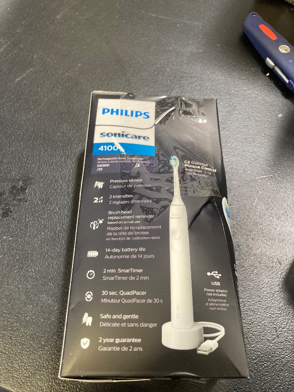 Photo 1 of Philips Sonicare 4100 Rechargeable Electric Toothbrush, with Pressure Sensor, 2 Intensity Settings, SmarTimer and QuadPacer, 14-Day Battery Life, White, Model HX3681/23