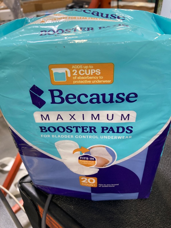 Photo 1 of Because Maximum Incontinence Booster Pads for Men and Women, Adds 2 Cups Extra Absorbency to Adult Diapers, Discreet, Adhesive Strip Backing, Unisex (20 Count (Pack of 1))