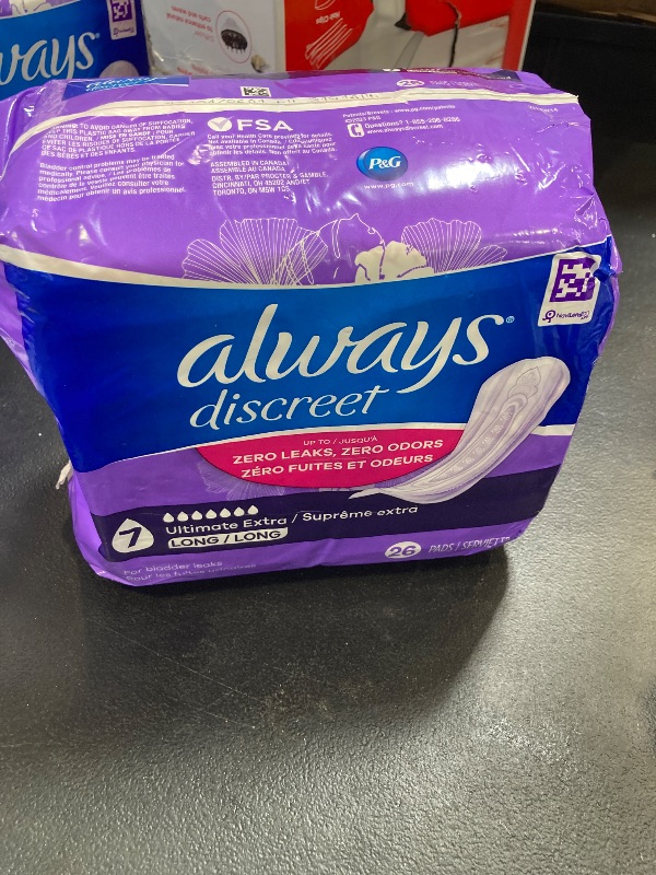 Photo 1 of Always Discreet Adult Incontinence Pads for Women, Ultimate Extra Absorbency, Long Length, Postpartum Pads, 26 CT