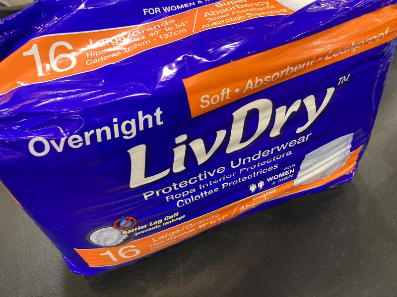 Photo 1 of LivDry Adult Diapers Large Incontinence Underwear, Overnight, Leak Protection, 16-Pack