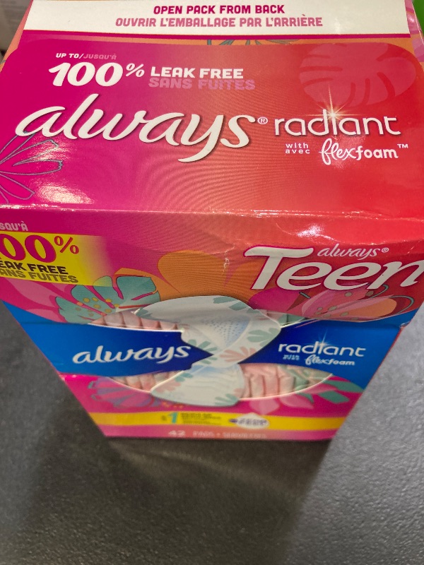 Photo 1 of Always Radiant Teen Feminine Pads with FlexFoam, Size 1, Regular, with Wings, Unscented, 42 CT
