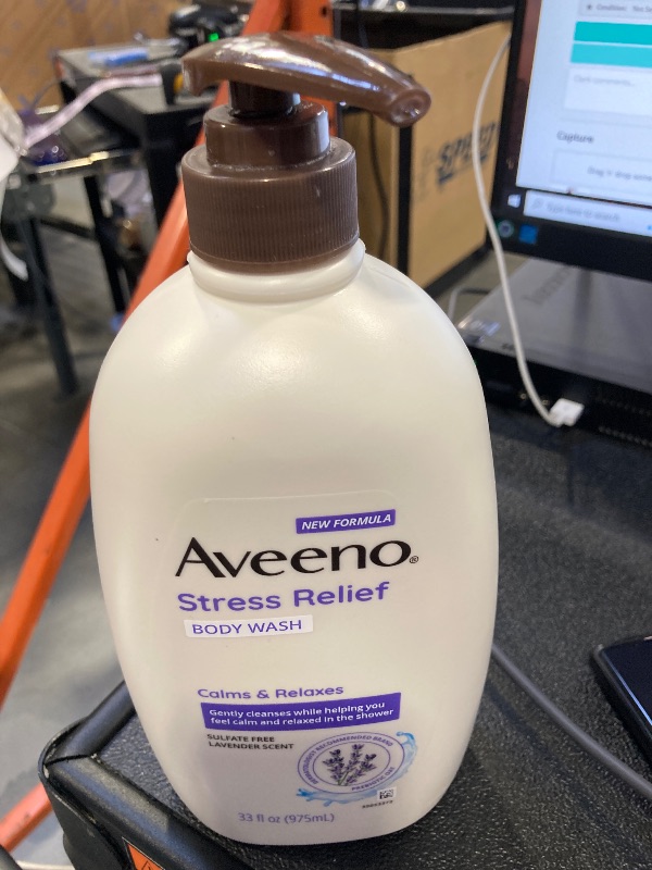 Photo 1 of Aveeno Stress Relief Body Wash with Nourishing Oat & Lavender Scent for Sensitive Skin, Gently Cleanses & Helps You Feel Calm & Relaxed in the Shower, Soap-Free, 33 fl. oz