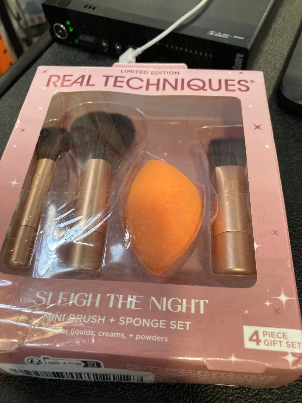 Photo 1 of Real Techniques Sleigh The Night Mini Brush + Sponge 4 Piece Holiday Gift Set, Small Makeup Brushes For Travel, Makeup Sponge For Foundation & Concealer, Stocking Stuffer, Limited Edition, Latex-Free