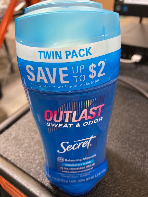 Photo 1 of Secret Outlast Antiperspirant Deodorant for Women, 72hr Sweat & Odor Protection, PH Balancing Minerals, Invisible Solid, Completely Clean Scent, 2.6 oz (Pack of 2)