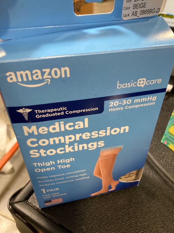Photo 1 of Amazon Basic Care Medical Compression Stockings, 20-30 mmHg Support, Women & Men Thigh Length Hose, Open Toe, Beige, 2X-Large (Previously NuVein)