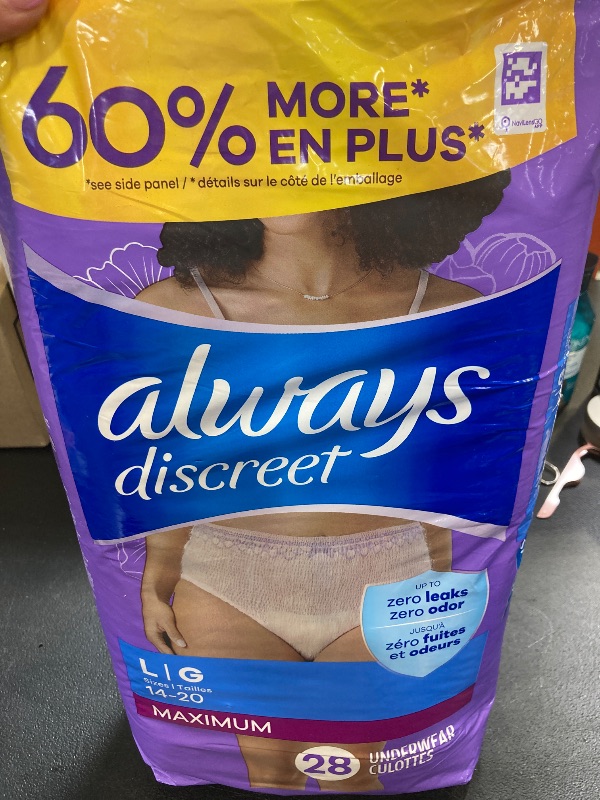 Photo 1 of Always Discreet Adult Incontinence Underwear for Women and Postpartum Underwear, L, Up to 100% Bladder Leak Protection, 28 Count (Packaging May Vary)