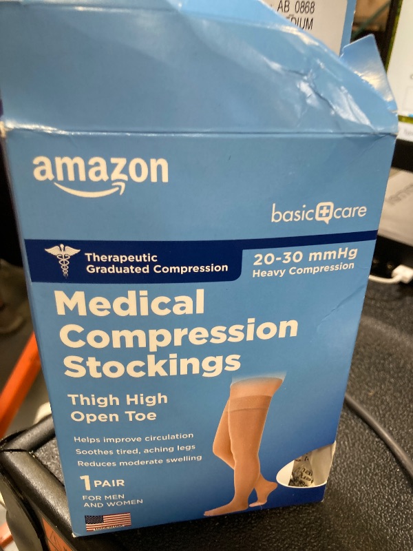 Photo 1 of Amazon Basic Care Medical Compression Stockings, 20-30 mmHg Support, Women & Men Thigh Length Hose, Open Toe, Beige, Medium (Previously NuVein)