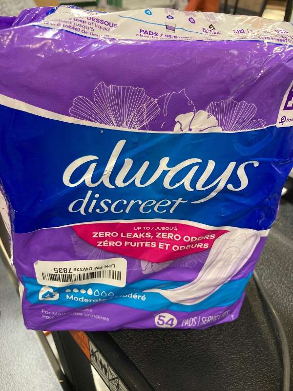 Photo 1 of Always Discreet Adult Incontinence Pads for Women, Moderate Absorbency, Regular Length, Postpartum Pads, 108 CT (Packaging May Vary)