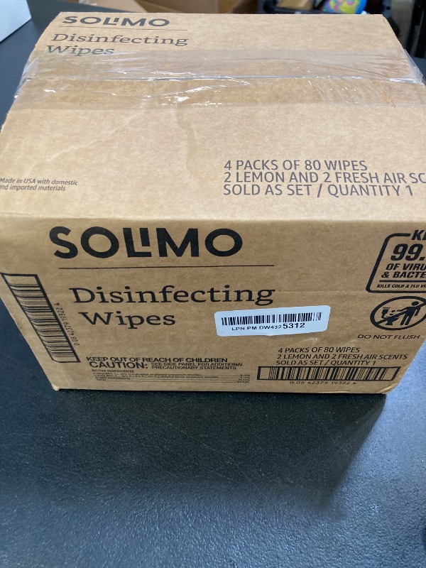 Photo 1 of Amazon Basics Disinfecting Wipes, Lemon & Fresh Air Scent, Sanitizes/Cleans/Disinfects/Deodorizes, 320 Count (4 Packs of 80)