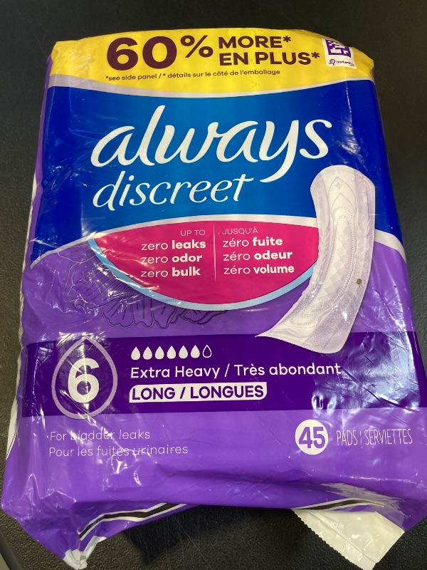 Photo 1 of Always Discreet Adult Incontinence Pads for Women, Extra Heavy Absorbency, Long Length, Postpartum Pads, 45 Count (Packaging May Vary)