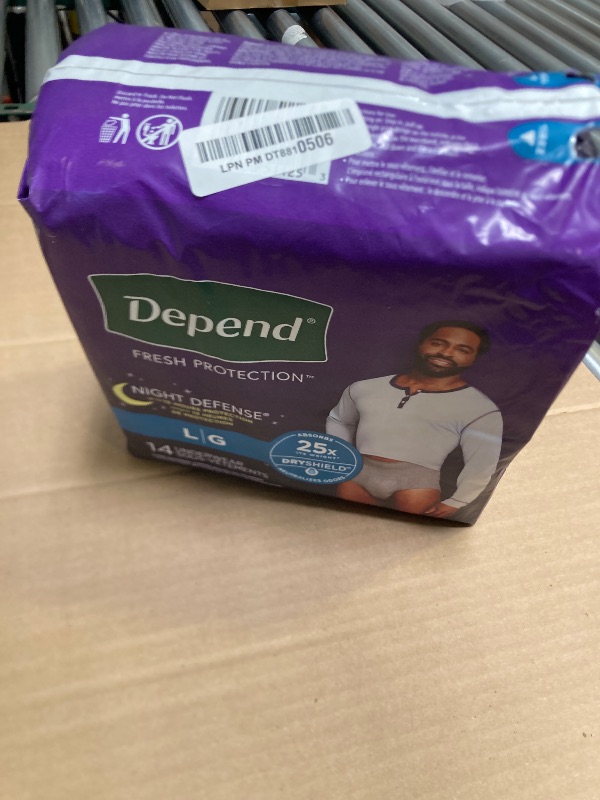 Photo 1 of Depend Night Defense Adult Incontinence Underwear for Men, Disposable, Overnight, Large, Grey, 14 Count, Packaging May Vary
