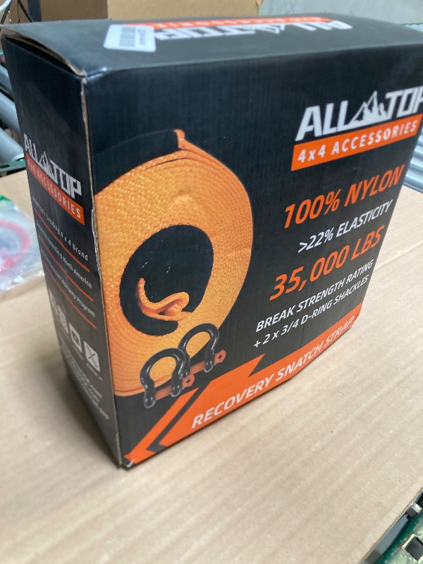 Photo 1 of ALL-TOP Heavy Duty Tow Strap Recovery Strap Kit : 3 inch x 30 ft (35,000 lbs) 100% Nylon and 22% Elongation Snatch Strap + 3/4 D Ring Shackles (2pcs) + Storage Bag
