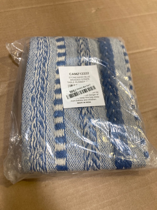 Photo 1 of DII Farmhouse Braided Stripe Table Runner Collection, 15x108 (15x113, Fringe Included), Stonewash Blue