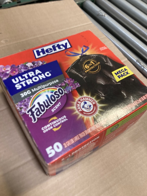 Photo 1 of Hefty Ultra Strong 30 Gallon Trash Bags, Large Trash Bags 30 Gallon Size, Multipurpose, Break Resistant Drawstring Closure, Resists Leaks, Punctures, and Tears, Black, Fabuloso Scent, 50 Bags