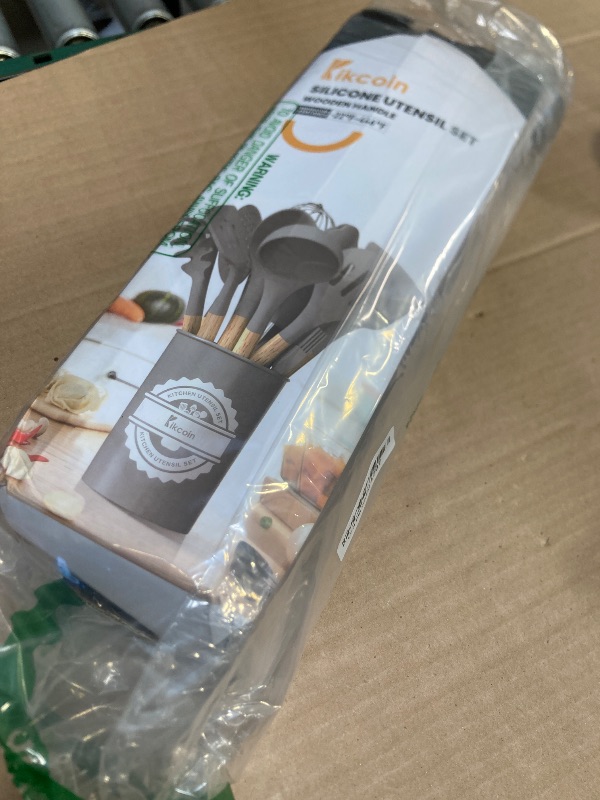 Photo 1 of 23 PCS Kitchen Utensils Set, Kikcoin Wood Handle Silicone Cooking Utensils Set with Holder, Spatulas Silicone Heat Resistant Cooking Gadgets for Nonstick Cookware, Grey