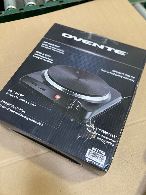 Photo 1 of OVENTE Electric Countertop Single Burner, 1000W Cooktop with 7.25 Inch Cast Iron Hot Plate, 5 Level Temperature Control, Compact Cooking Stove and Easy to Clean Stainless Steel Base, Black BGS101B