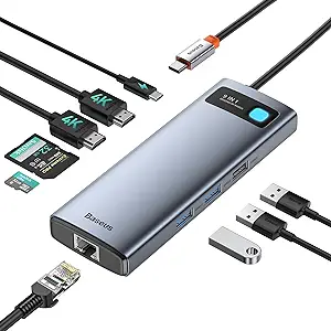Photo 1 of Baseus Laptop Docking Station Dual Monitor 4K@120Hz, 9 in 1 USB C Hub with 2 HDMI, 1000Mbps LAN, Max 85W PD, 3 USB, SD Card Reader, USB C Dock Compatible with iPhone 15/Mac/Dell/HP/Surface/Steam Deck***factory sealed