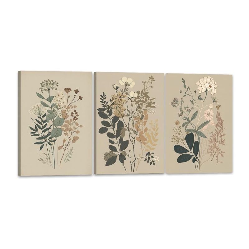 Photo 1 of 3 Pcs Vintage Botanical Wall Art Nature Floral Plants Wall Decor Daisies Dandelion Wildflower Posters Pictures Watercolor Rustic Farmhouse Canvas Prints Boho Neutral Paintings For Living Room Framed