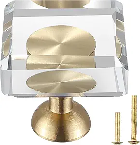 Photo 1 of 12-Pack 1-1/4-Inch White Cabinet Glass Crystal knobs Brass Drawer Round Knobs Dresser Pulls, Gold Hardware Kitchen Closet knobs for Bifold Doors (Square-1.2inch, 12-Pack)