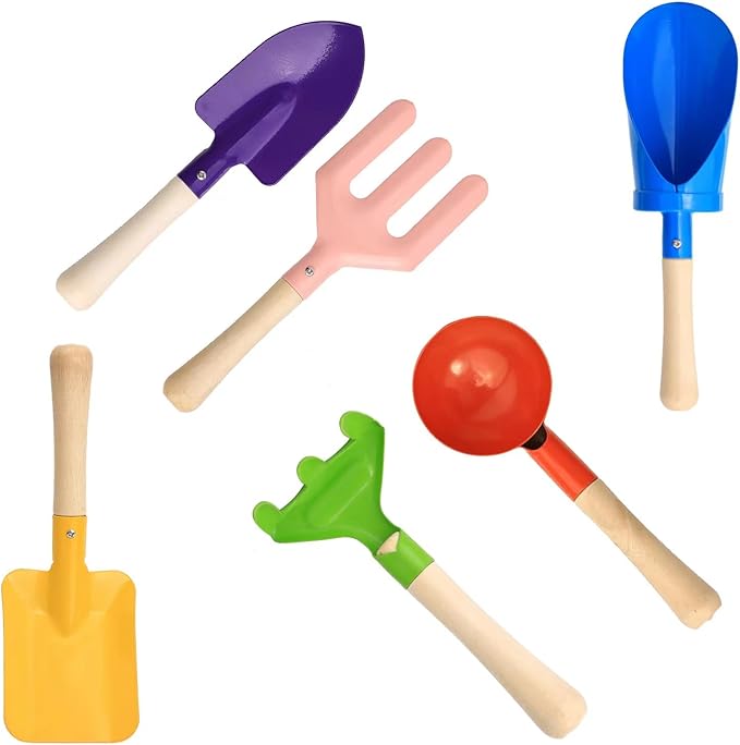 Photo 1 of Digging Toys with Sturdy Wooden Handle, Safe Backyard Snow Sensory Playset Including Cylinder, Spoon, Fork, Rake, Flat & Pointed Shovels for Children