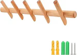 Photo 1 of Modern Wood Coat and Hat Rack - Wall Mounted - 5 Peg Hooks - Stylish, Natural, Smooth